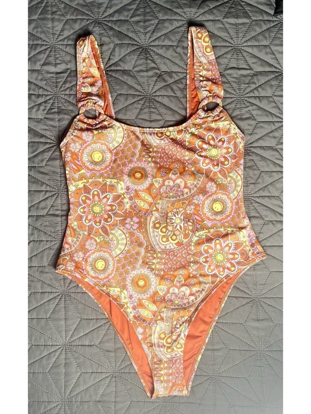 Billabong x Smiley Good Times One Piece Swimsuit Large L EUC Retro Orange 70s